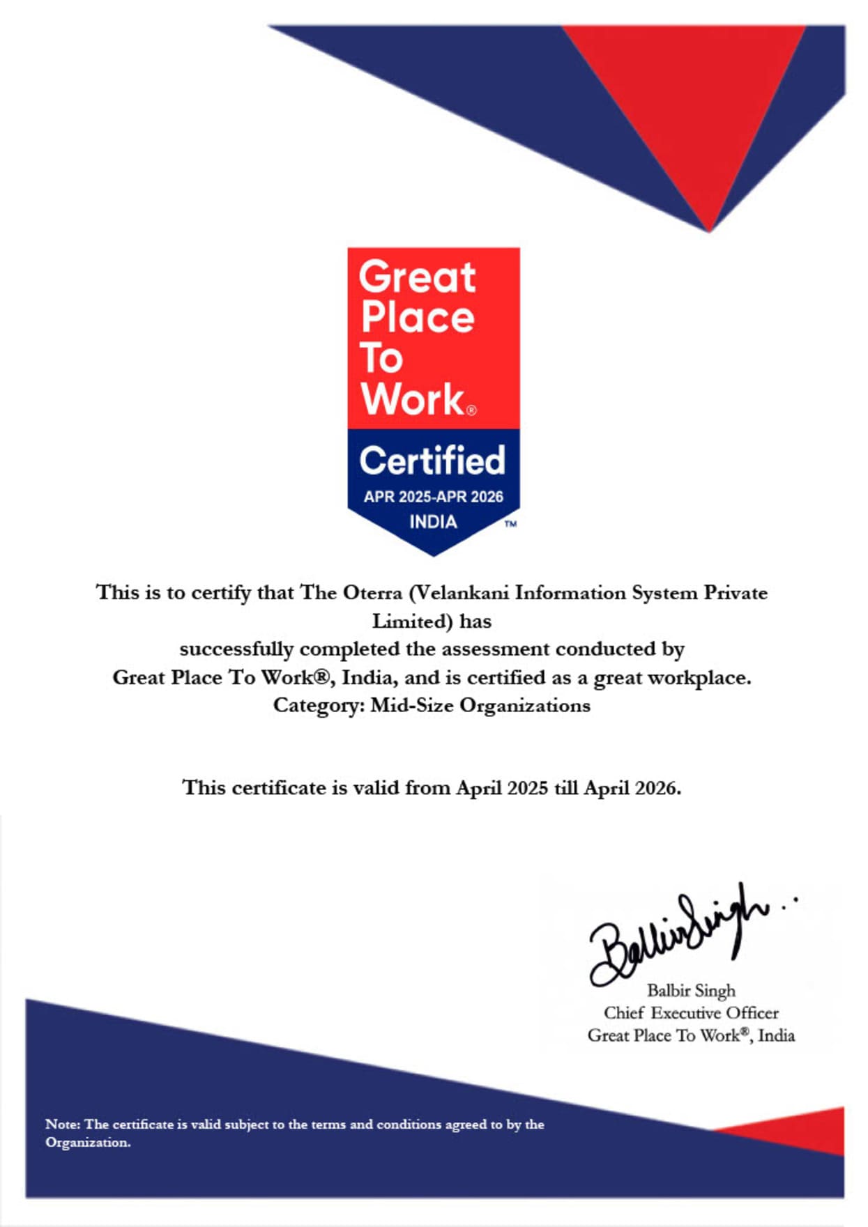 Great Place to Work Certificate